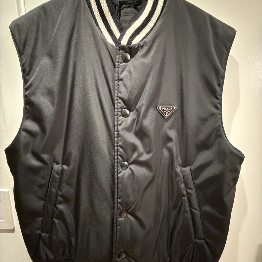 Prada Black Men's Sleeveless Nylon Bomber Vest with Striped Collar